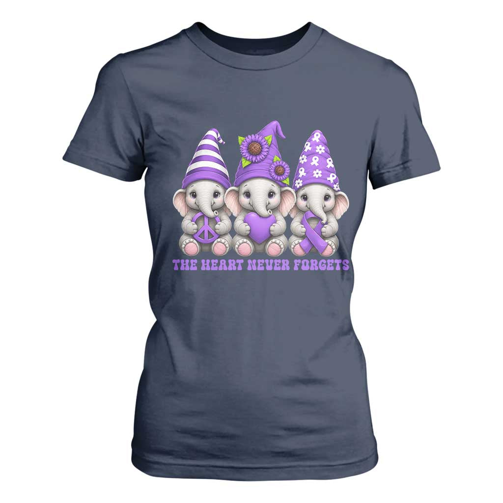 Cute Elephant Gnome Purple Ribbon Alzheimer's Support T Shirt For Women The Heart Never Forgets