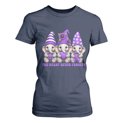 Cute Elephant Gnome Purple Ribbon Alzheimer's Support T Shirt For Women The Heart Never Forgets