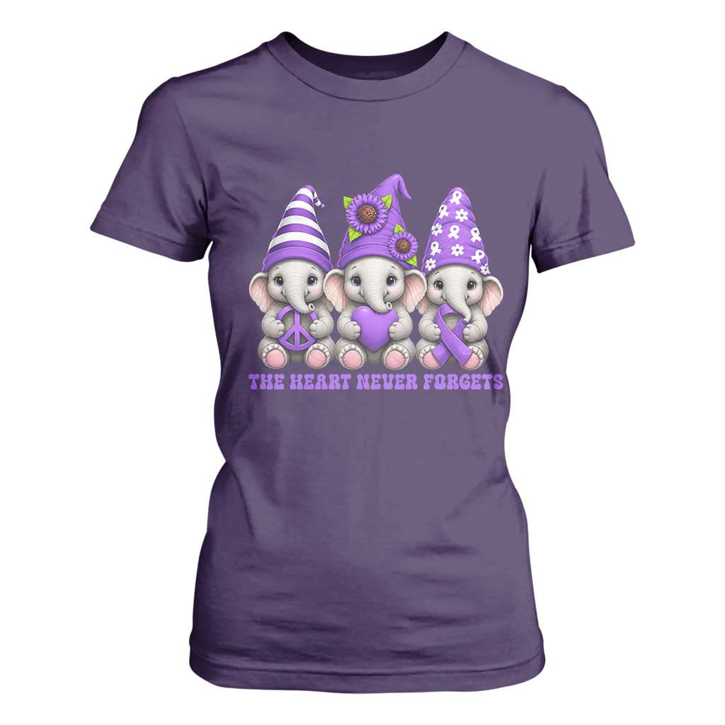 Cute Elephant Gnome Purple Ribbon Alzheimer's Support T Shirt For Women The Heart Never Forgets