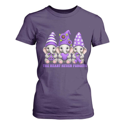 Cute Elephant Gnome Purple Ribbon Alzheimer's Support T Shirt For Women The Heart Never Forgets