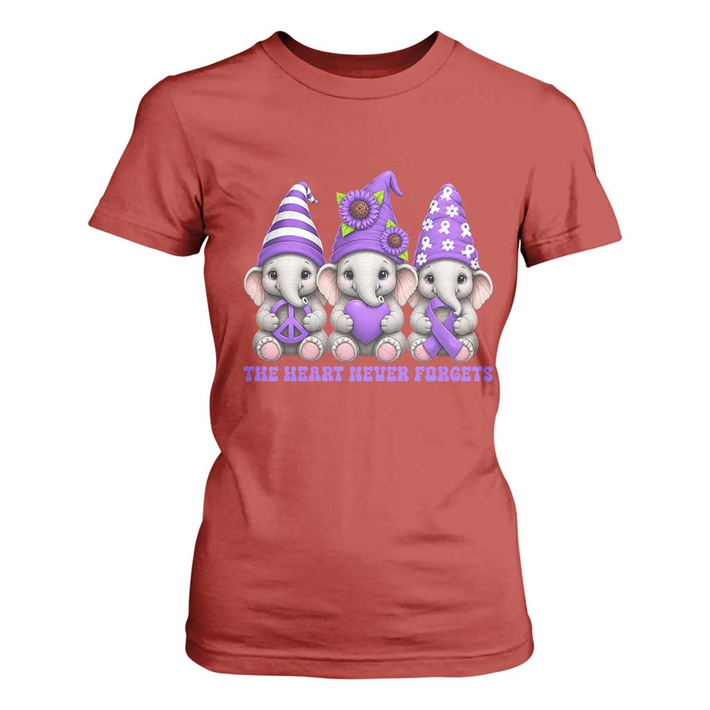 Cute Elephant Gnome Purple Ribbon Alzheimer's Support T Shirt For Women The Heart Never Forgets