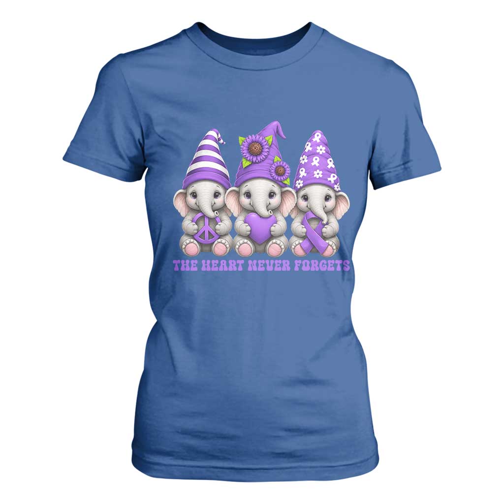 Cute Elephant Gnome Purple Ribbon Alzheimer's Support T Shirt For Women The Heart Never Forgets