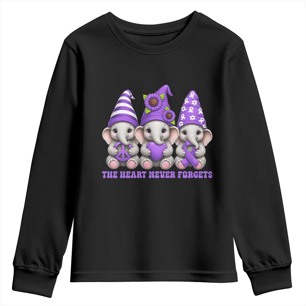 Cute Elephant Gnome Purple Ribbon Alzheimer's Support Youth Sweatshirt The Heart Never Forgets