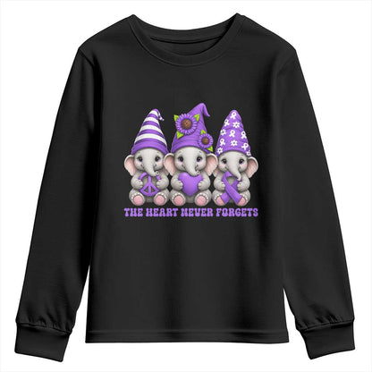 Cute Elephant Gnome Purple Ribbon Alzheimer's Support Youth Sweatshirt The Heart Never Forgets