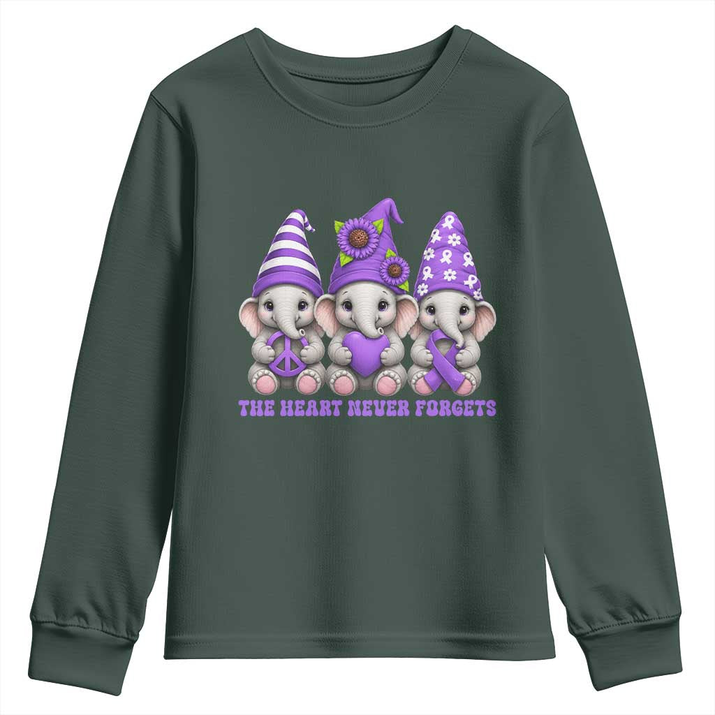 Cute Elephant Gnome Purple Ribbon Alzheimer's Support Youth Sweatshirt The Heart Never Forgets
