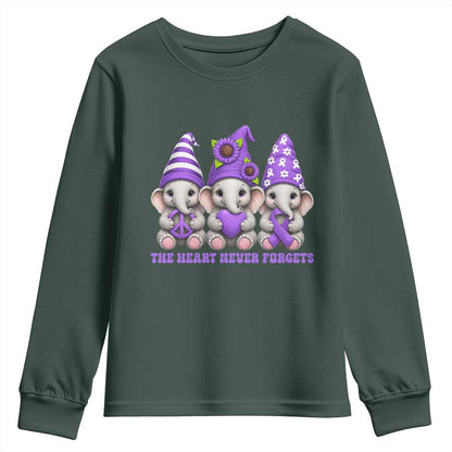 Cute Elephant Gnome Purple Ribbon Alzheimer's Support Youth Sweatshirt The Heart Never Forgets