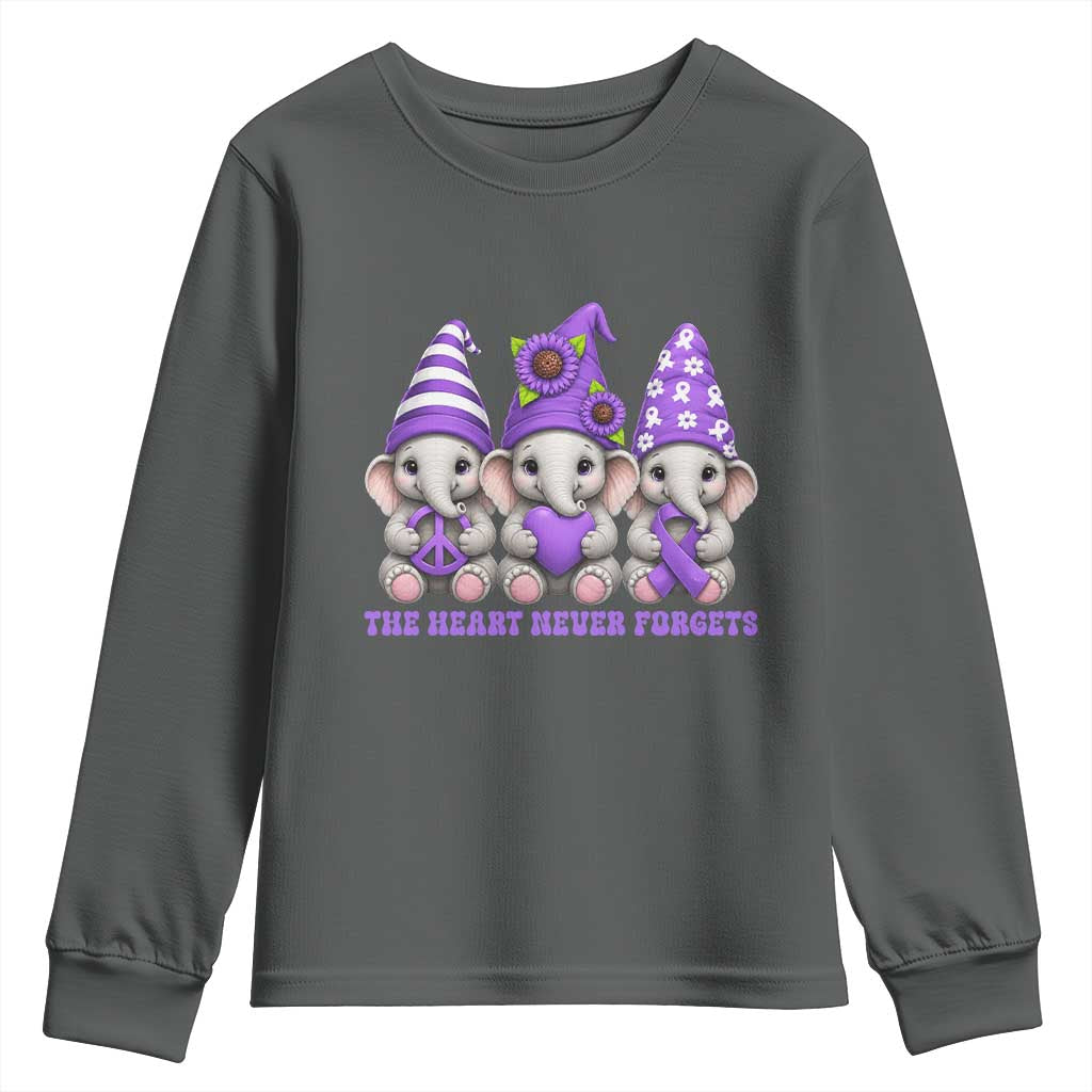 Cute Elephant Gnome Purple Ribbon Alzheimer's Support Youth Sweatshirt The Heart Never Forgets