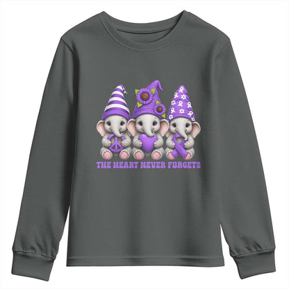 Cute Elephant Gnome Purple Ribbon Alzheimer's Support Youth Sweatshirt The Heart Never Forgets