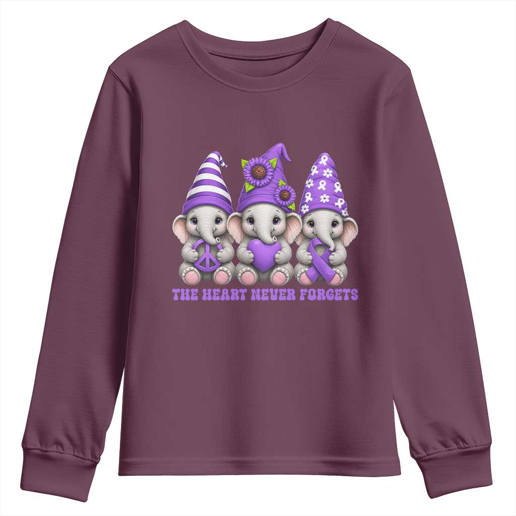Cute Elephant Gnome Purple Ribbon Alzheimer's Support Youth Sweatshirt The Heart Never Forgets