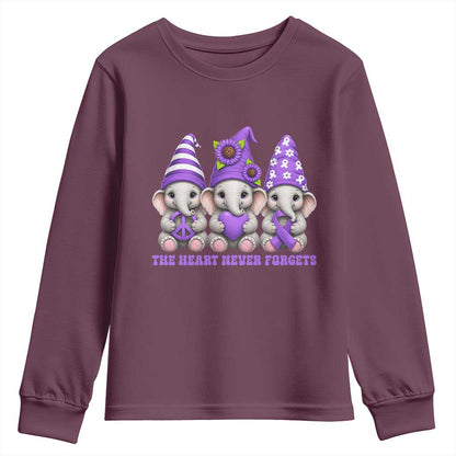 Cute Elephant Gnome Purple Ribbon Alzheimer's Support Youth Sweatshirt The Heart Never Forgets