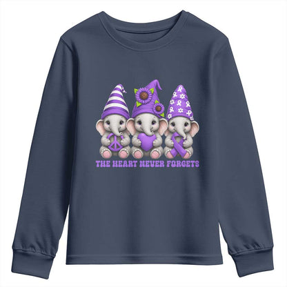 Cute Elephant Gnome Purple Ribbon Alzheimer's Support Youth Sweatshirt The Heart Never Forgets
