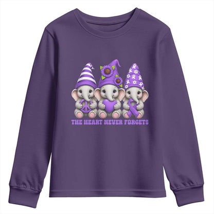 Cute Elephant Gnome Purple Ribbon Alzheimer's Support Youth Sweatshirt The Heart Never Forgets
