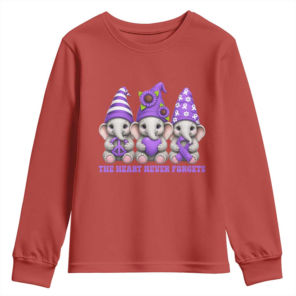 Cute Elephant Gnome Purple Ribbon Alzheimer's Support Youth Sweatshirt The Heart Never Forgets