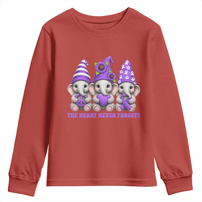 Cute Elephant Gnome Purple Ribbon Alzheimer's Support Youth Sweatshirt The Heart Never Forgets