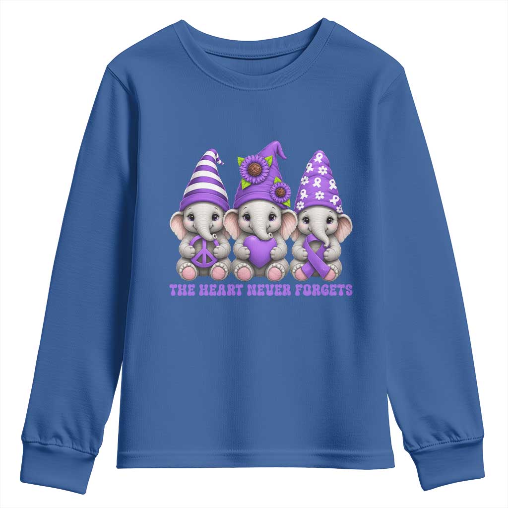 Cute Elephant Gnome Purple Ribbon Alzheimer's Support Youth Sweatshirt The Heart Never Forgets