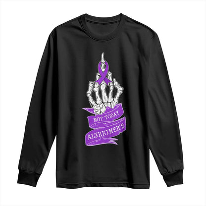 Not Today Alzheimers Long Sleeve Shirt Funny Skeleton Middle Finger Purple Ribbon