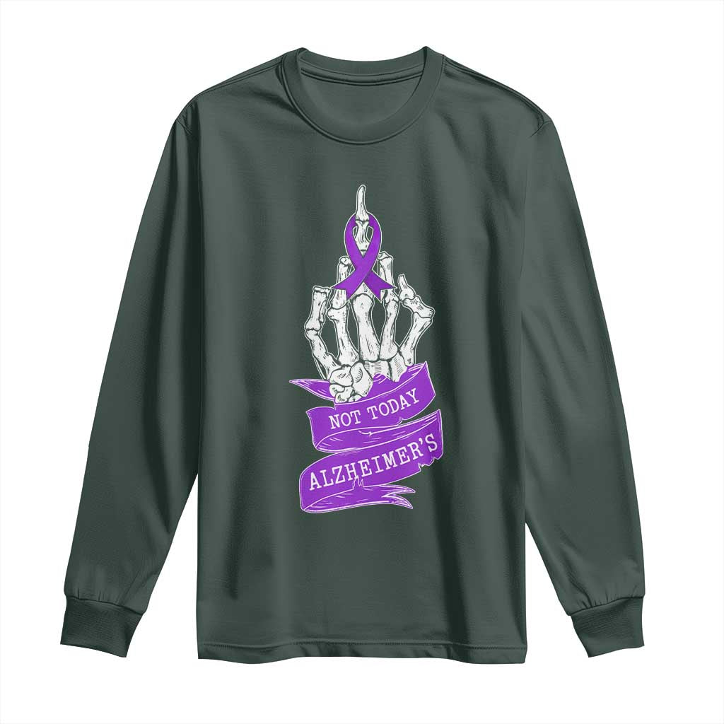 Not Today Alzheimers Long Sleeve Shirt Funny Skeleton Middle Finger Purple Ribbon