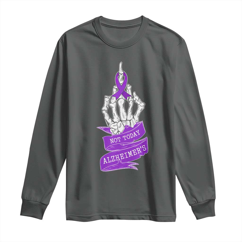 Not Today Alzheimers Long Sleeve Shirt Funny Skeleton Middle Finger Purple Ribbon