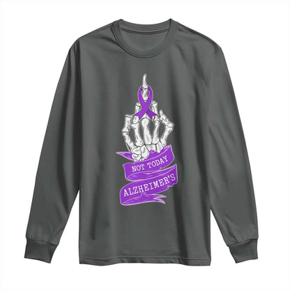 Not Today Alzheimers Long Sleeve Shirt Funny Skeleton Middle Finger Purple Ribbon
