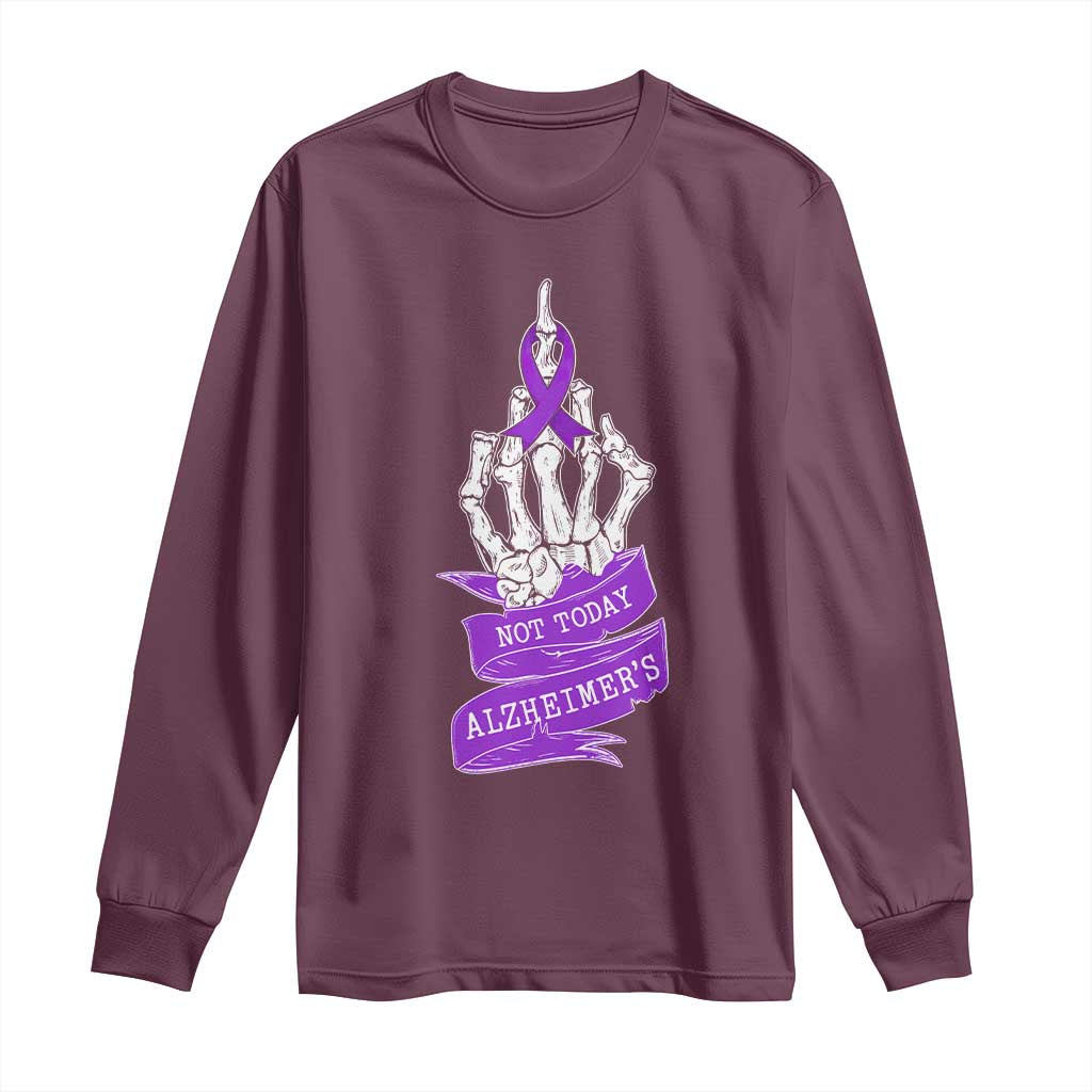 Not Today Alzheimers Long Sleeve Shirt Funny Skeleton Middle Finger Purple Ribbon