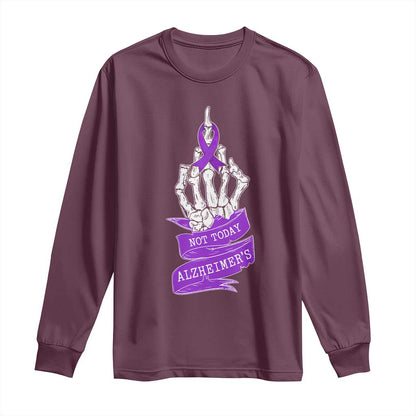 Not Today Alzheimers Long Sleeve Shirt Funny Skeleton Middle Finger Purple Ribbon
