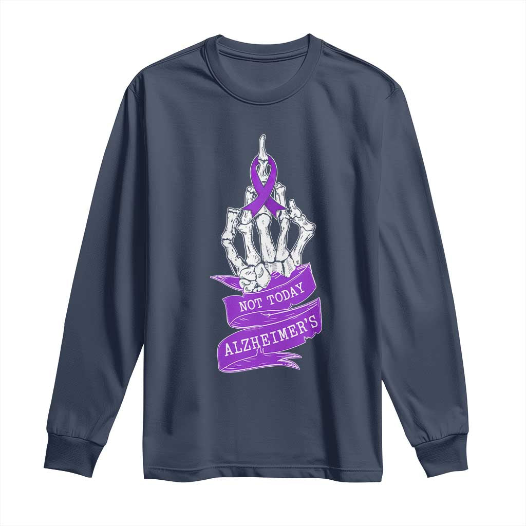 Not Today Alzheimers Long Sleeve Shirt Funny Skeleton Middle Finger Purple Ribbon