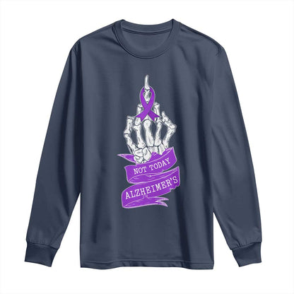 Not Today Alzheimers Long Sleeve Shirt Funny Skeleton Middle Finger Purple Ribbon