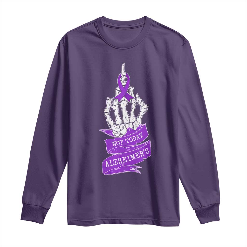 Not Today Alzheimers Long Sleeve Shirt Funny Skeleton Middle Finger Purple Ribbon