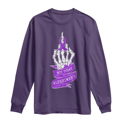 Not Today Alzheimers Long Sleeve Shirt Funny Skeleton Middle Finger Purple Ribbon