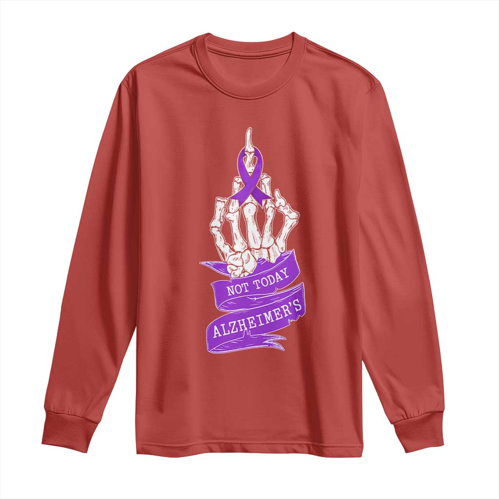 Not Today Alzheimers Long Sleeve Shirt Funny Skeleton Middle Finger Purple Ribbon