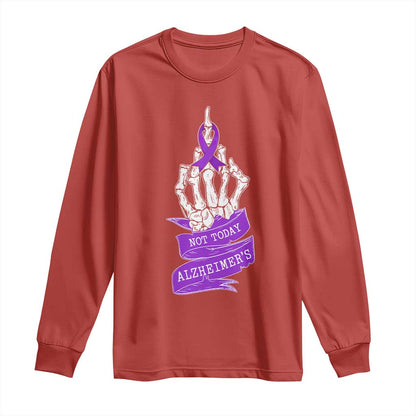 Not Today Alzheimers Long Sleeve Shirt Funny Skeleton Middle Finger Purple Ribbon