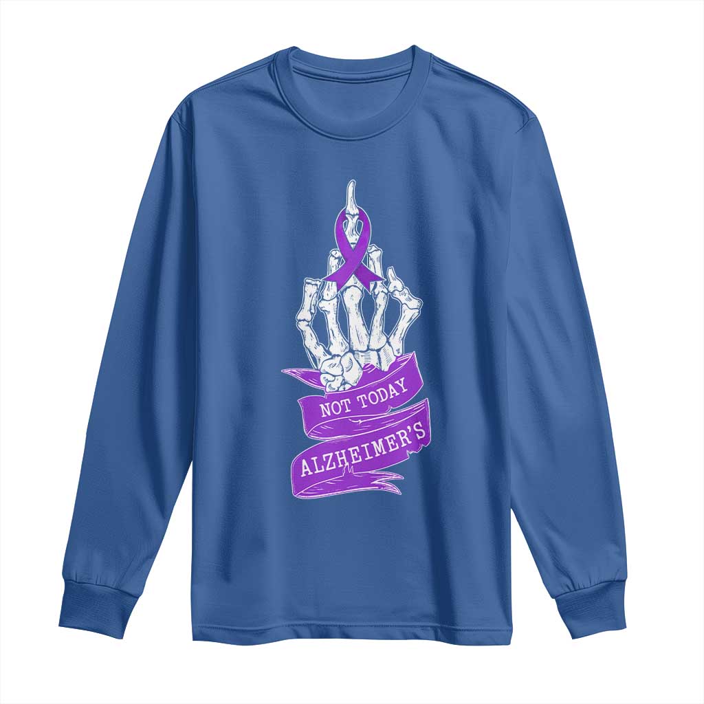 Not Today Alzheimers Long Sleeve Shirt Funny Skeleton Middle Finger Purple Ribbon