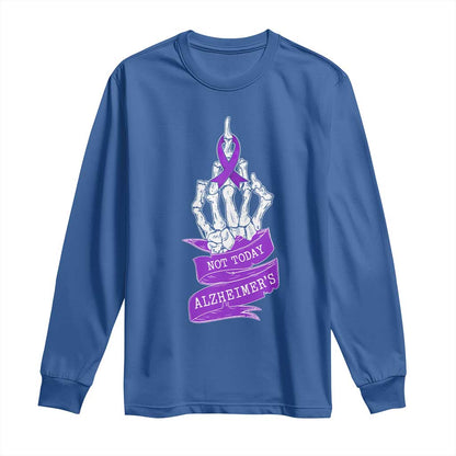 Not Today Alzheimers Long Sleeve Shirt Funny Skeleton Middle Finger Purple Ribbon