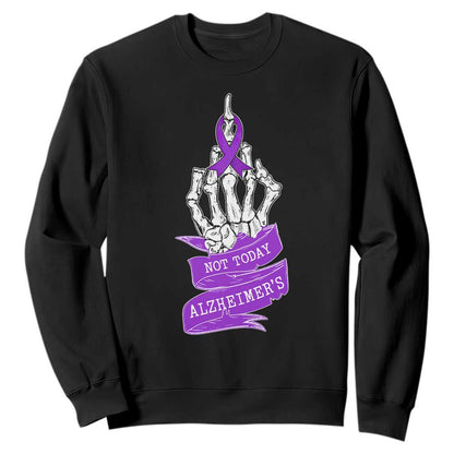 Not Today Alzheimers Sweatshirt Funny Skeleton Middle Finger Purple Ribbon