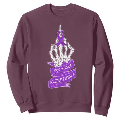 Not Today Alzheimers Sweatshirt Funny Skeleton Middle Finger Purple Ribbon