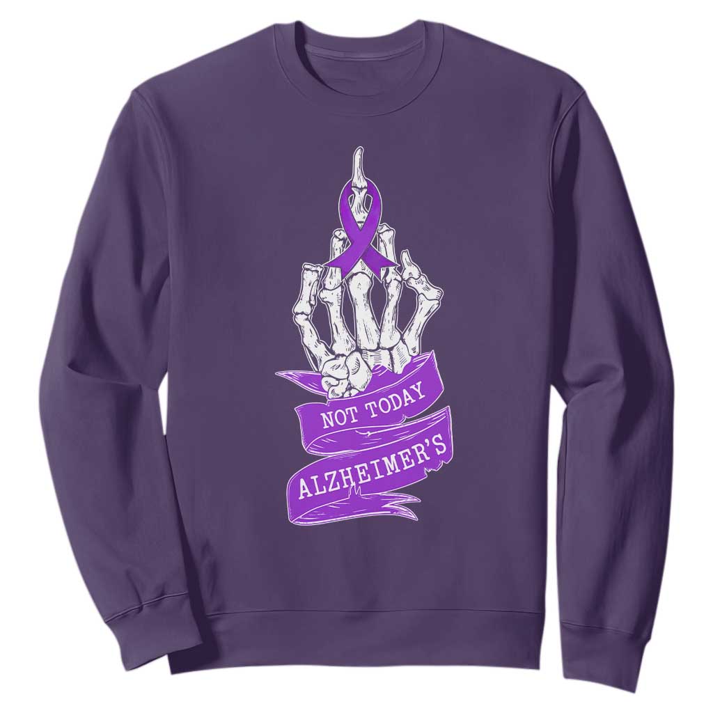 Not Today Alzheimers Sweatshirt Funny Skeleton Middle Finger Purple Ribbon