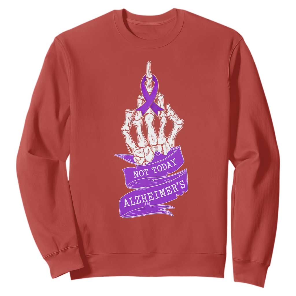 Not Today Alzheimers Sweatshirt Funny Skeleton Middle Finger Purple Ribbon