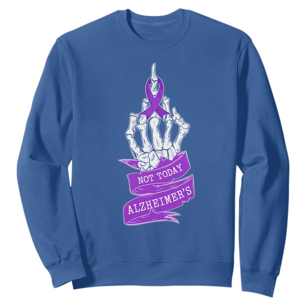 Not Today Alzheimers Sweatshirt Funny Skeleton Middle Finger Purple Ribbon