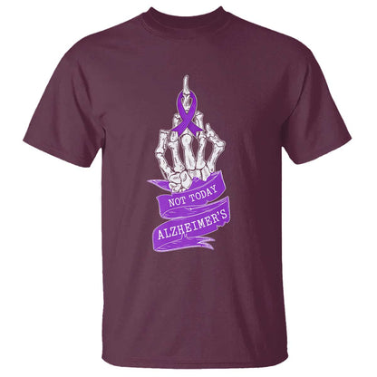 Not Today Alzheimers T Shirt Funny Skeleton Middle Finger Purple Ribbon