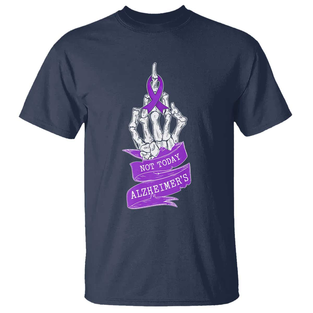 Not Today Alzheimers T Shirt Funny Skeleton Middle Finger Purple Ribbon