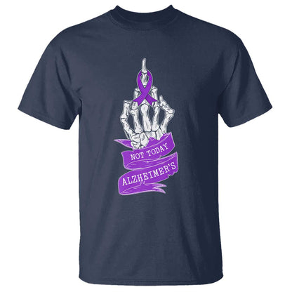 Not Today Alzheimers T Shirt Funny Skeleton Middle Finger Purple Ribbon
