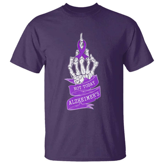 Not Today Alzheimers T Shirt Funny Skeleton Middle Finger Purple Ribbon