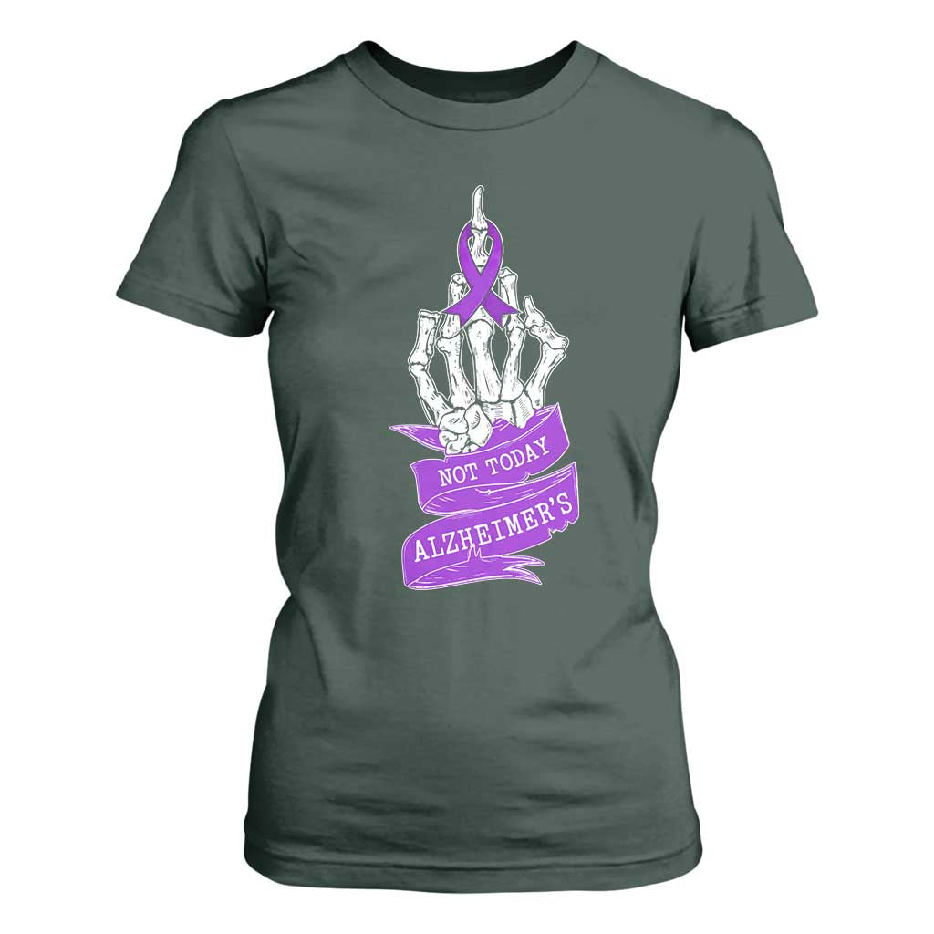 Not Today Alzheimers T Shirt For Women Funny Skeleton Middle Finger Purple Ribbon