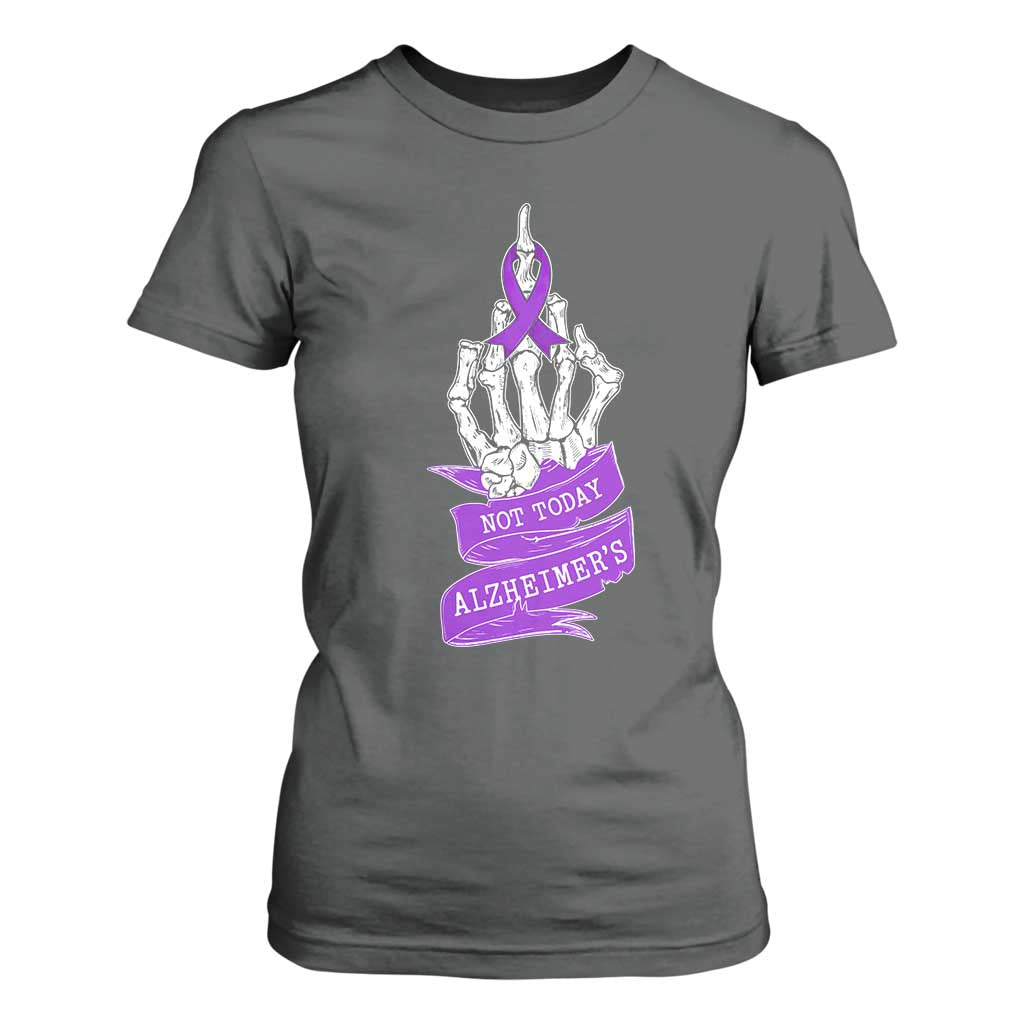 Not Today Alzheimers T Shirt For Women Funny Skeleton Middle Finger Purple Ribbon