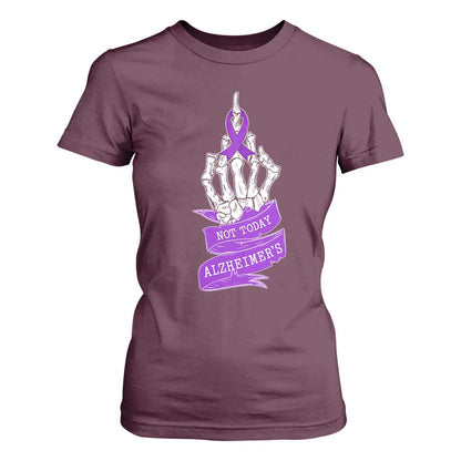 Not Today Alzheimers T Shirt For Women Funny Skeleton Middle Finger Purple Ribbon