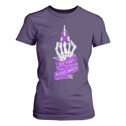 Not Today Alzheimers T Shirt For Women Funny Skeleton Middle Finger Purple Ribbon