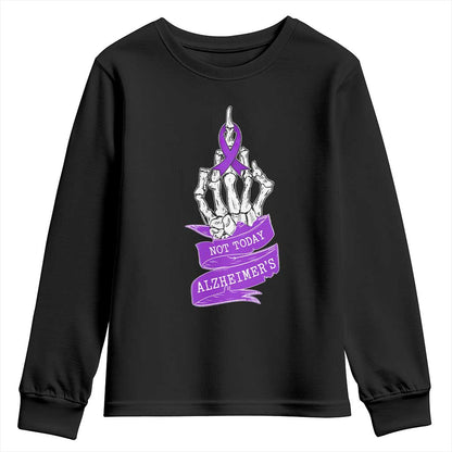 Not Today Alzheimers Youth Sweatshirt Funny Skeleton Middle Finger Purple Ribbon