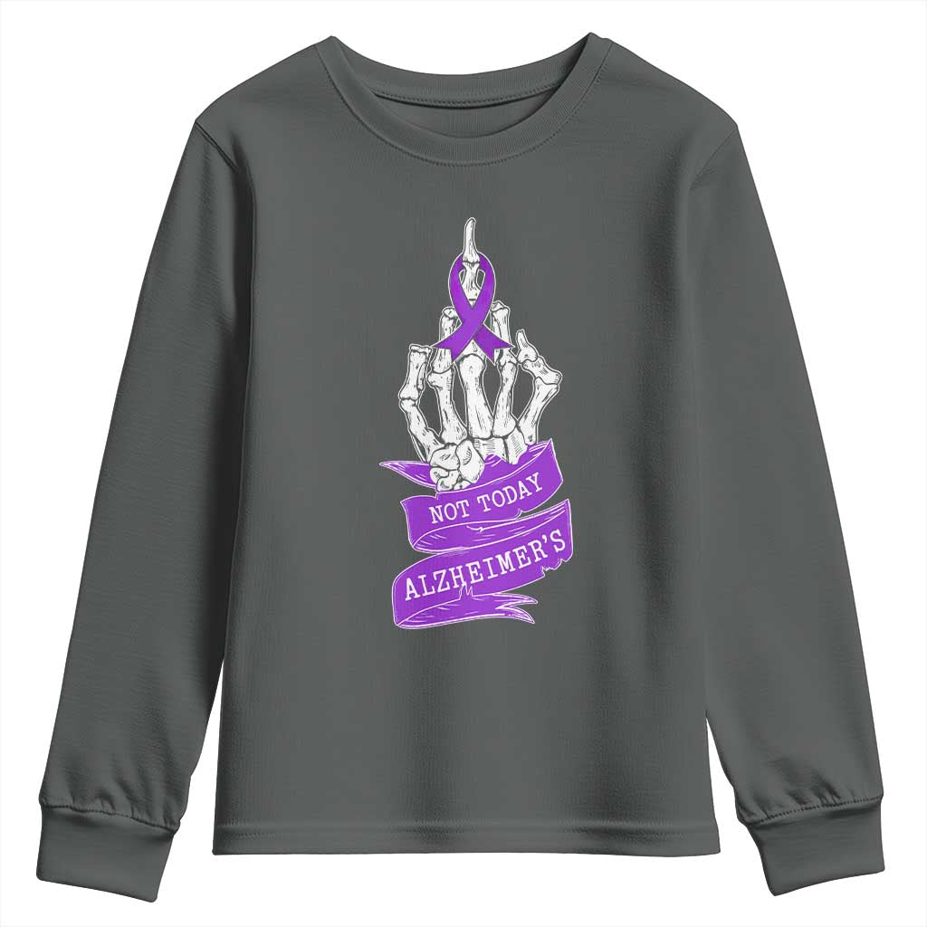 Not Today Alzheimers Youth Sweatshirt Funny Skeleton Middle Finger Purple Ribbon