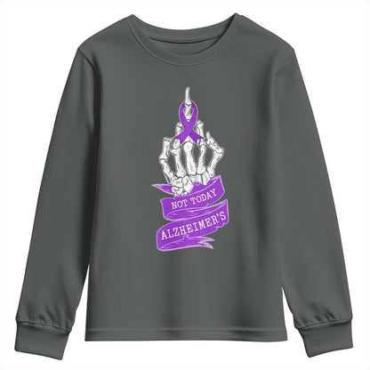 Not Today Alzheimers Youth Sweatshirt Funny Skeleton Middle Finger Purple Ribbon