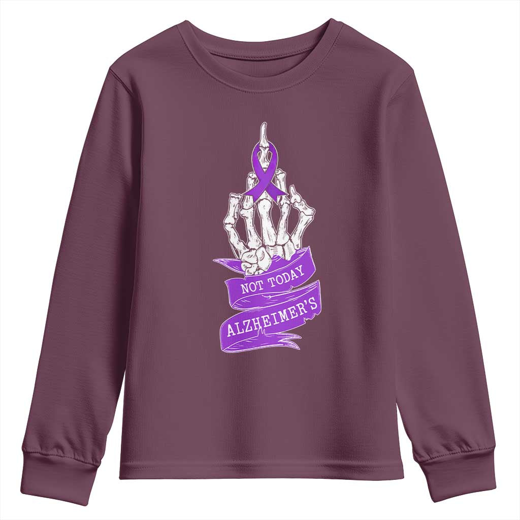 Not Today Alzheimers Youth Sweatshirt Funny Skeleton Middle Finger Purple Ribbon